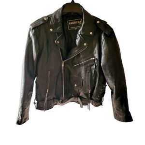 Vintage American Top Black Leather Biker Jacket Belted Short Size 50